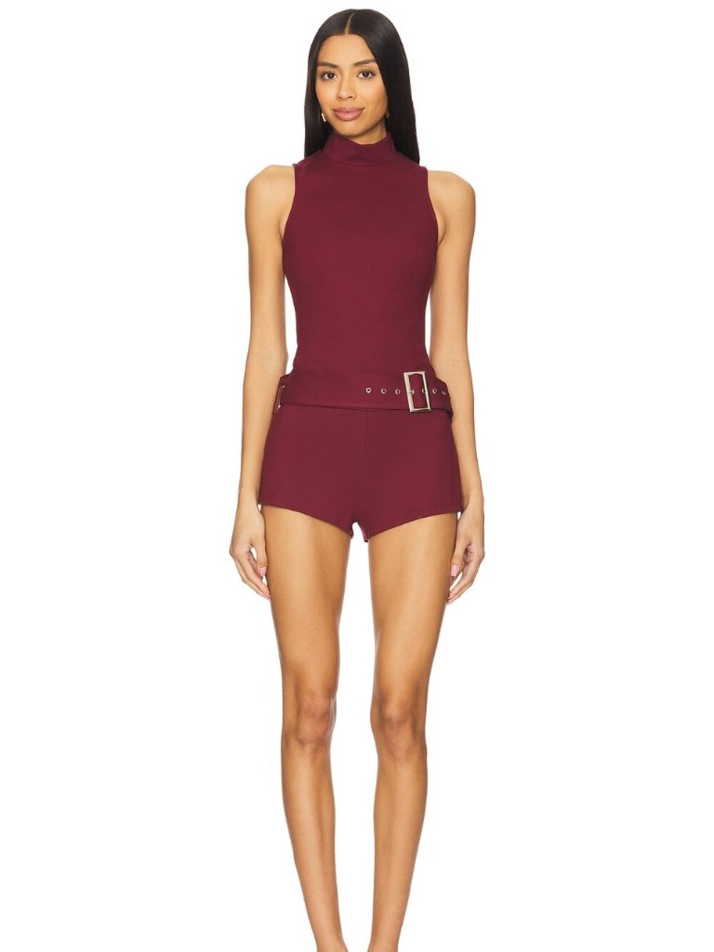 superdown Evie Romper in Oxblood maroon red high neck with belt turtleneck